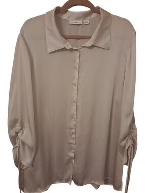 Susan Graver XL Light Cream Satin Button-Down Shirt